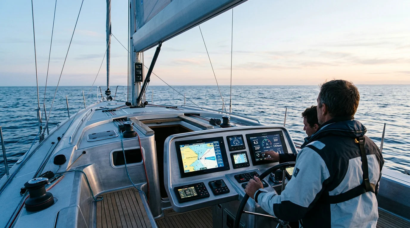 Poste de navigation d'un voilier équipé de plusieurs écrans électroniques marins en mer