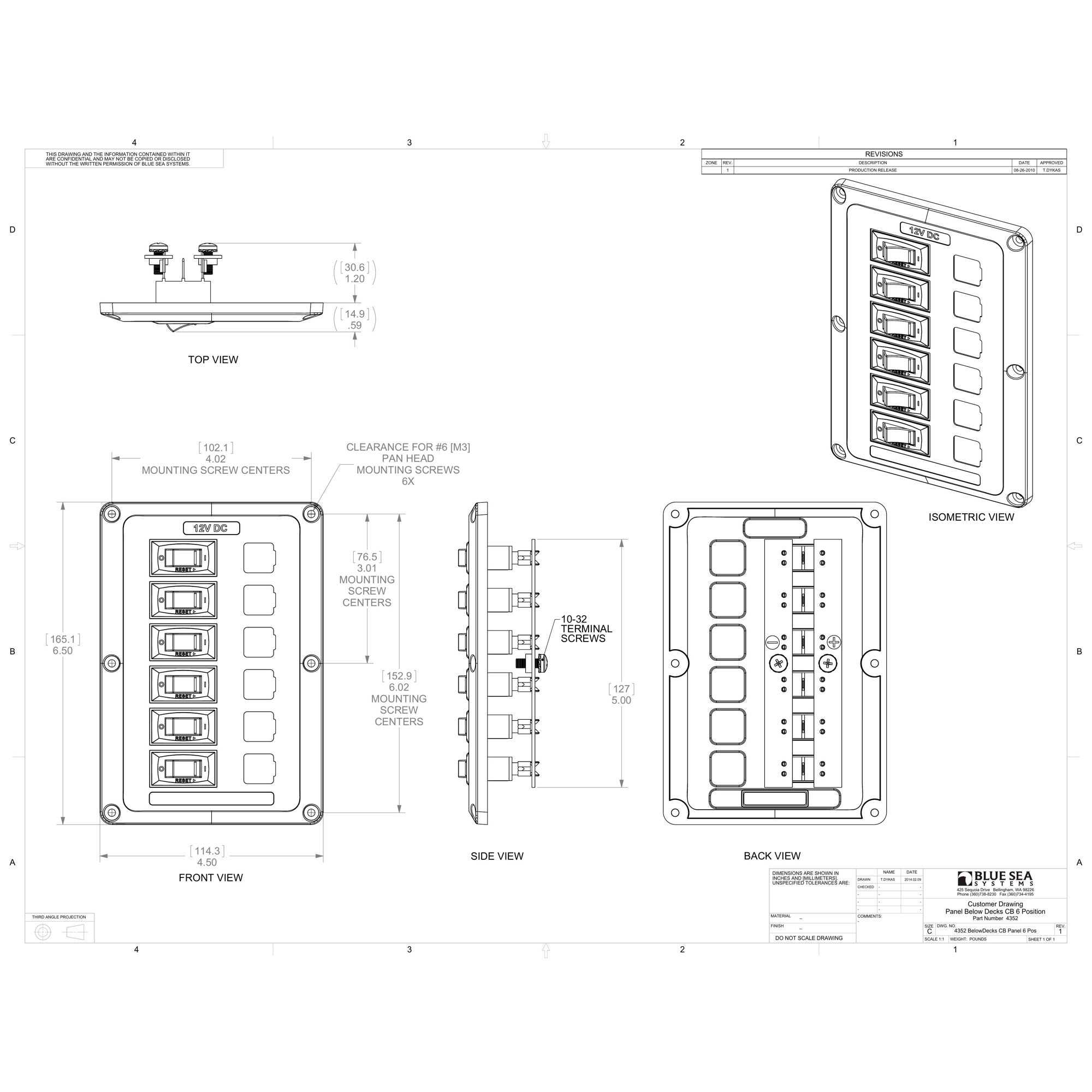 6 Position, BelowDeck Circuit Breaker Panel - EN - Dimensioned Drawing - [BLUE SEA] 6 Position, BelowDeck Circuit Breaker Panel - 4352-BSS