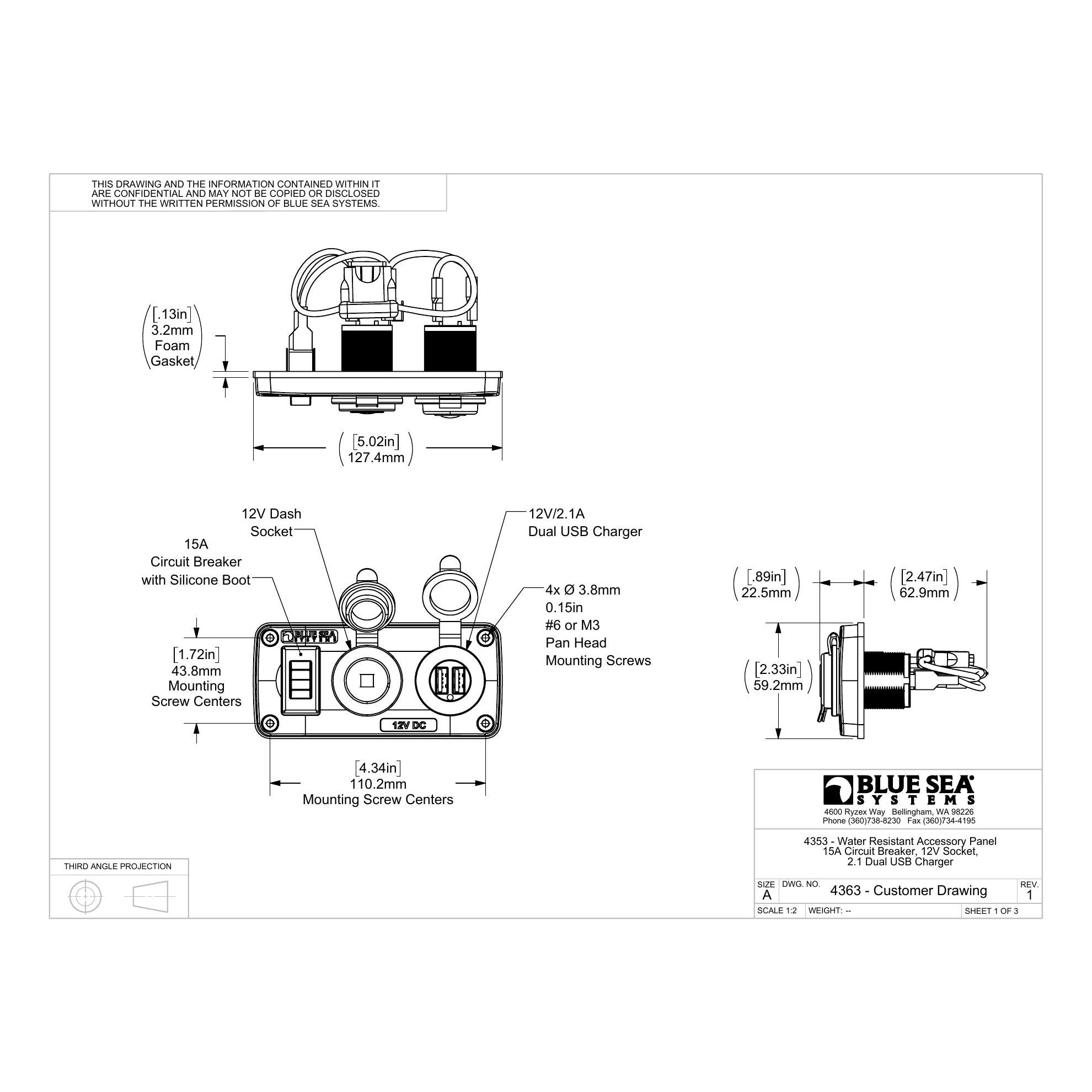 Water-Resistant Accessory Panels - 15A Circuit Breaker, 12V Socket, 2.1A Dual USB Charger - EN - Dimensioned Drawing - [BLUE SEA] Water-Resistant Accessory Panels - 15A Circuit Breaker, 12V Socket, 2.1A Dual USB... - 4363-BSS