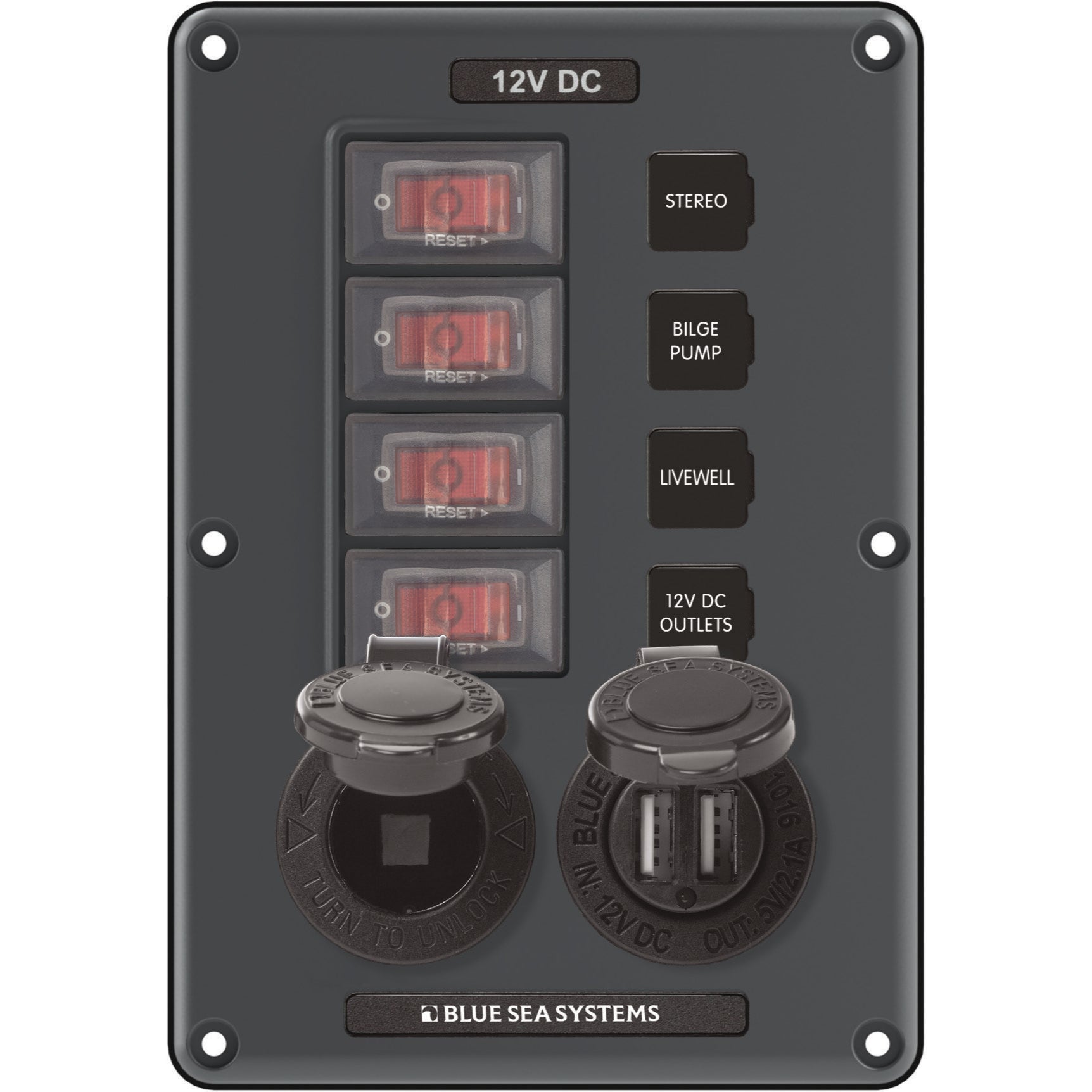 Water-Resistant Circuit Breaker Switch Panel - Gray, 4 pos. + 12 Volt Socket and Dual USB Charger - Water-Resistant Circuit Breaker Switch Panel - Gray, 4 pos. + 12 Volt Socket and Dual USB Charger