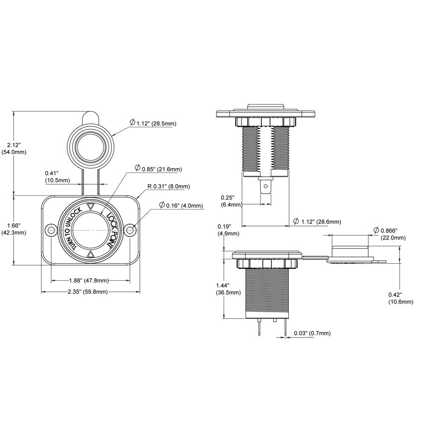 12 Volt Plug with Dash Socket - Socket Dimensioned Drawing