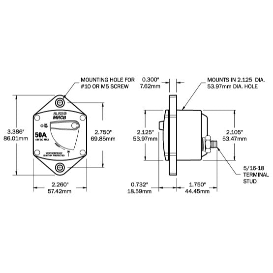 187-Series Circuit Breaker - Panel Mount 135A - Dimensioned Drawing