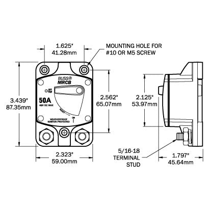 187-Series Circuit Breaker - Surface Mount 30A - Dimensioned Drawing