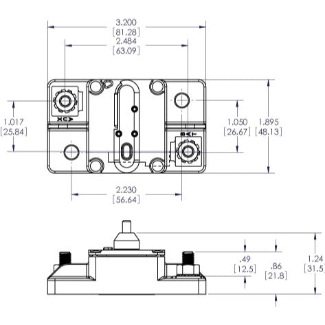 285-Series Circuit Breaker - Surface Mount 100A - Dimensioned Drawing