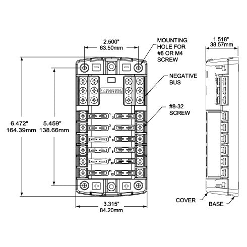 Bloc de fusibles à lame ST - 12 circuits avec bus négatif et couvercle - Dimensioned Drawing