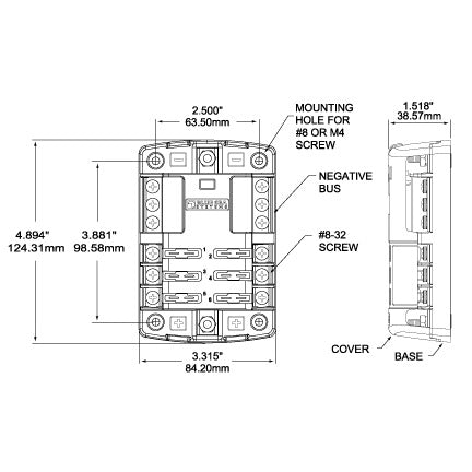 Bloc de fusibles à lame ST - 6 circuits avec bus négatif et couvercle - Dimensioned Drawing