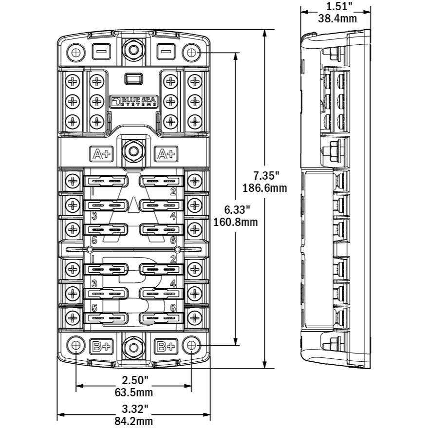 Bloc de fusibles de bus divisé à lame ST - Dimensioned Drawing