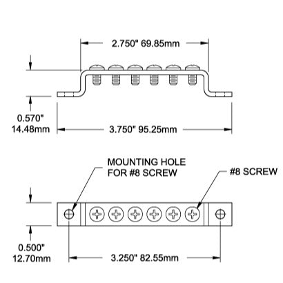 Common 100A Mini Grounding BusBar - 6 Gang - Dimensioned Drawing