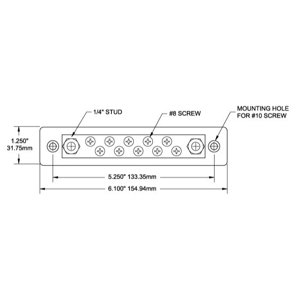 Common 150A BusBar - 10 Gang - Dimensioned Drawing