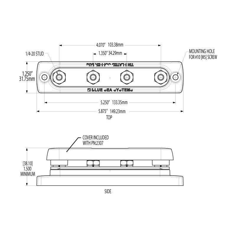 Common 150A BusBar - Four 1/4"-20 Studs - Dimensioned Drawing