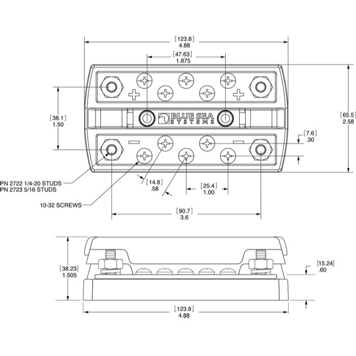 DualBus Plus 150A BusBar - 5/16"-18 Stud 5 Gang - Dimensioned Drawing