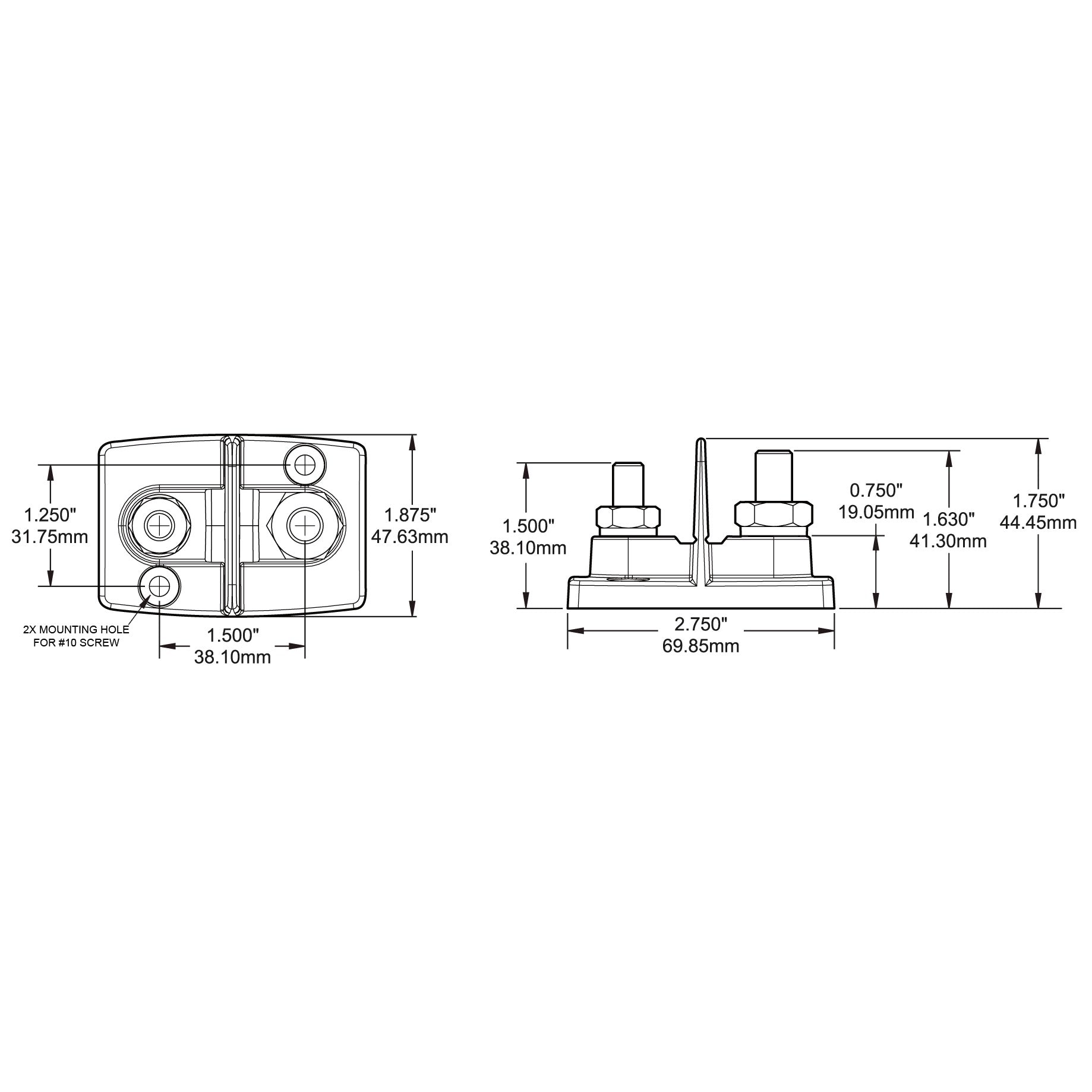Dual PowerPost - One 5/16"-18 and One 3/8"-16 Studs - Dimension Drawing
