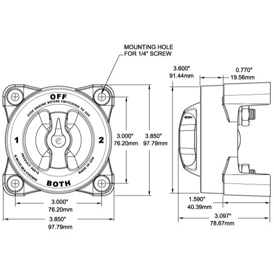 HD-Series Heavy Duty On-Off Battery Switch - Dimensioned Drawing