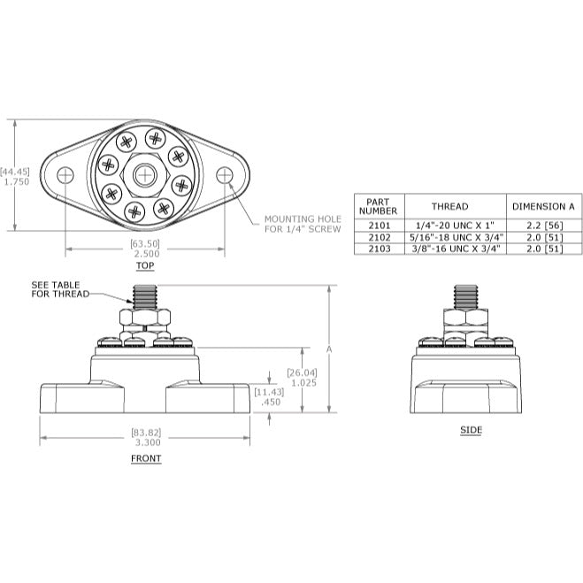 PowerPost Plus - 5/16"-18 Stud - Dimensioned Drawing