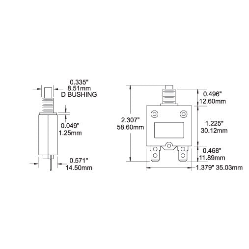Push Button Reset Only Quick Connect Circuit Breaker - 3 Amps - Dimensioned Drawing