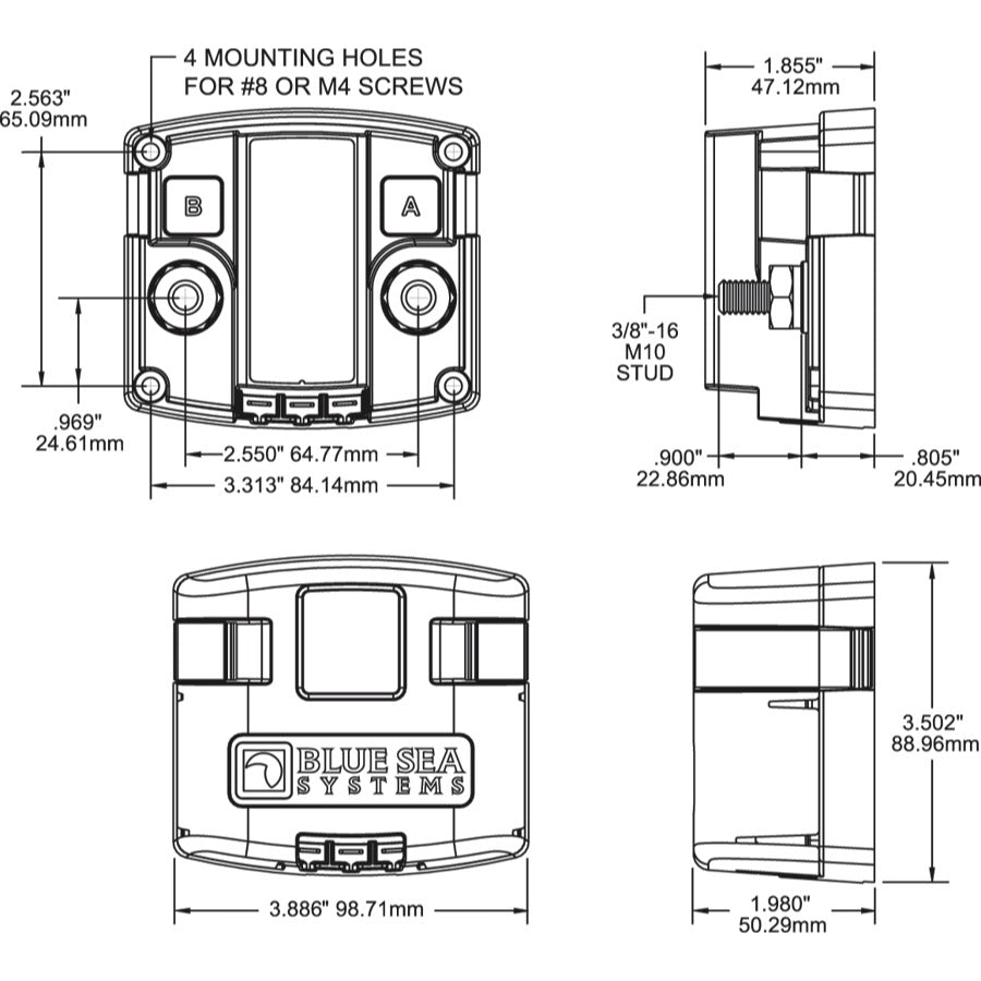 SI-ACR Automatic Charging Relay - 12/24V DC 120A - Dimensioned Drawing