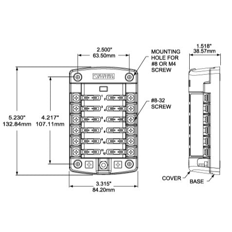 ST Blade Fuse Block - 12 Circuits with Cover - Dimensioned Drawing
