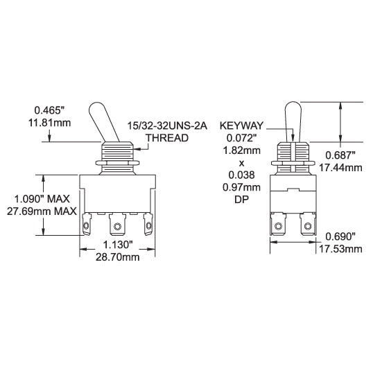 WeatherDeck&reg; Toggle Switch DPDT - ON-OFF-ON - Dimensioned Drawing