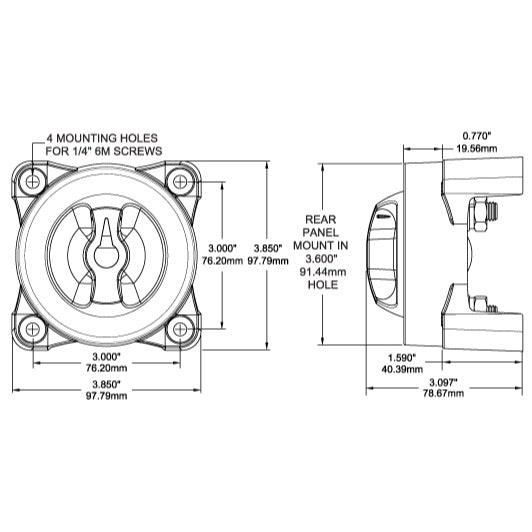 e-Series Selector 3 Position Battery Switch with AFD - Dimensioned Drawing