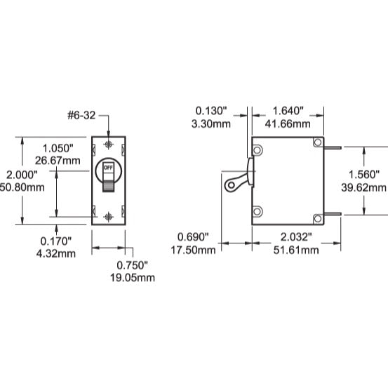 A-Series White Toggle Circuit Breaker - Single Pole 15A - Dimensioned Drawing