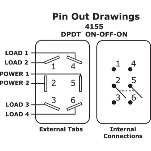 WeatherDeck&reg; Toggle Switch DPDT - ON-OFF-ON - 4155 Pin Out Drawing