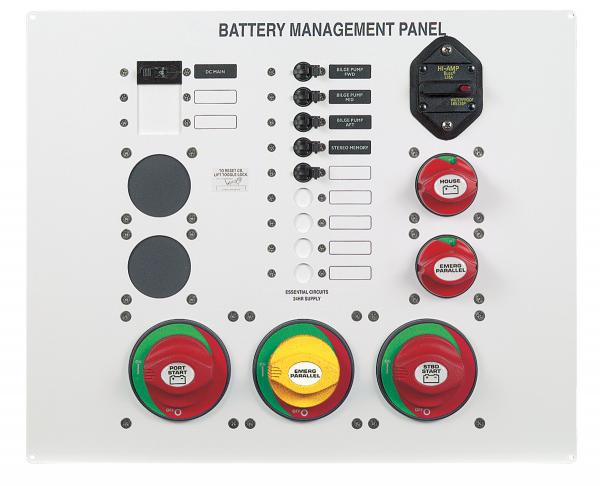 Battery management panel with 16 single-pole circuit breakers