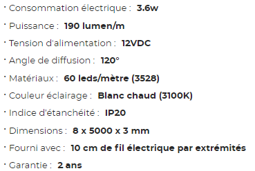Ruban LED MANTAGUA 5m, 60 leds/m, 12V, blanc chaud, pour intérieur (IP20).