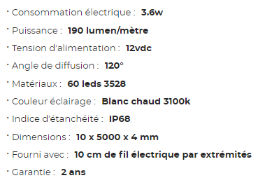 Ruban LED adhésif MANTAGUA 12V, 5m, blanc chaud 190lm/m, étanche IP68.