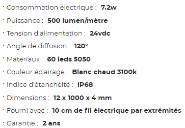 Ruban LED adhésif MANTAGUA 24V, 1m, blanc chaud, étanche IP68, 500 lumens/mètre.