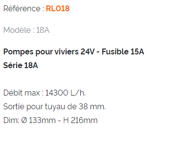 Pompe de vivier 18A 24V 235L/min