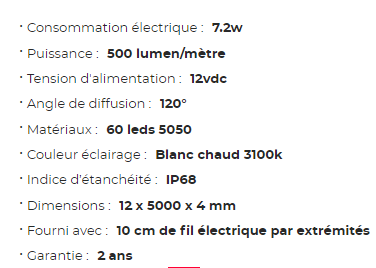 Ruban LED adhésif MANTAGUA 5m, 12V, IP68, blanc chaud 500lm/m pour extérieur.