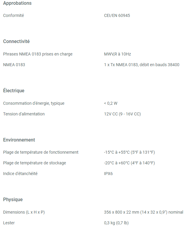 Capteur de vent WS710 vertical 0.8M