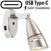 Lampe de lecture LED Mantagua Hoedic avec interrupteur. Port USB C 10W, lumière blanc chaud directionnelle (faisceau 40°).