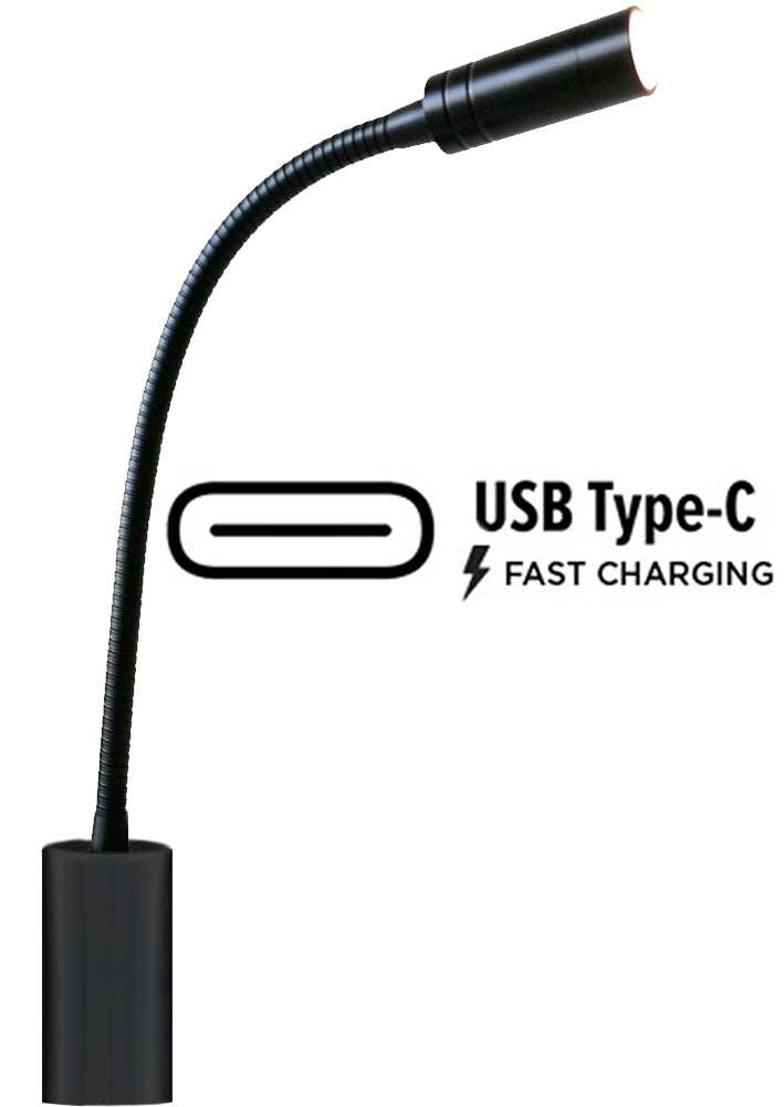 Liseuse flexible LED MANTAGUA Yeu noire, fixation verticale. Bras flexible, interrupteur tactile et port USB C. Lumière blanc chaud.