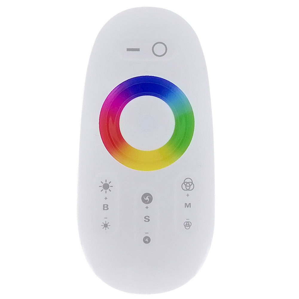 Télécommande MANTAGUA blanche avec plusieurs boutons et son contrôleur noir, pour rubans LED RGB.