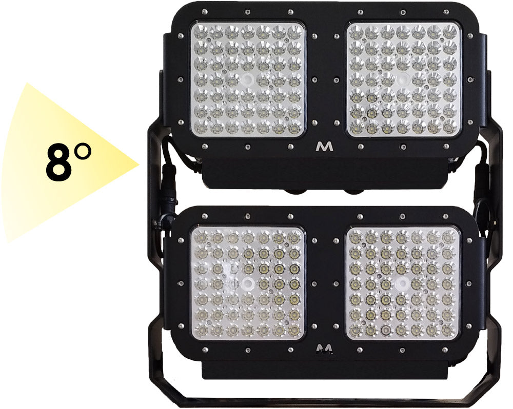 Projecteur LED Mantagua Terenez 300W, 48000 lm, 24VDC, 8°, IP67. Dessin technique avec support inclinable.