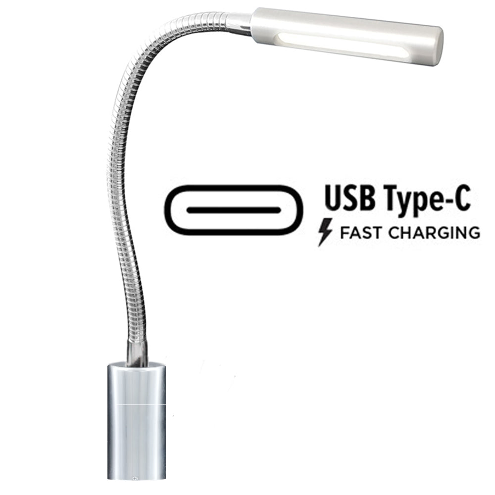 Liseuse flexible LED MANTAGUA Arz argent, fixation verticale, interrupteur tactile, port USB C, blanc chaud 10W.