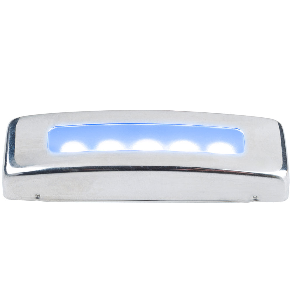 Lampe de courtoisie LED Mantagua Wight, éclairage horizontal bleu. Design rectangulaire en inox et résine, étanche IP67.