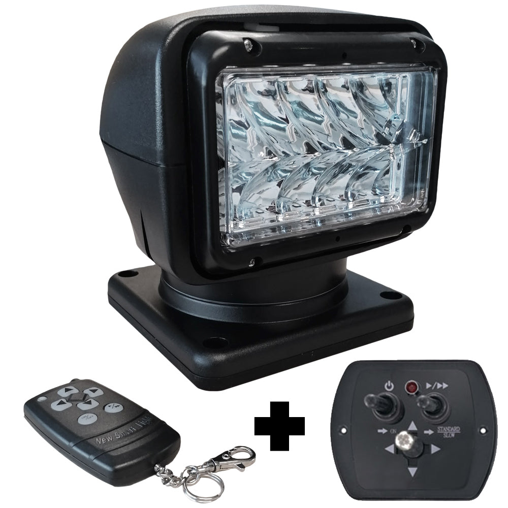 Projecteur de recherche LED motorisé MANTAGUA Valan noir 36W, portée 1000m, sur son support.
