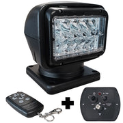Projecteur de recherche LED motorisé MANTAGUA Valan noir 36W, portée 1000m, sur son support.