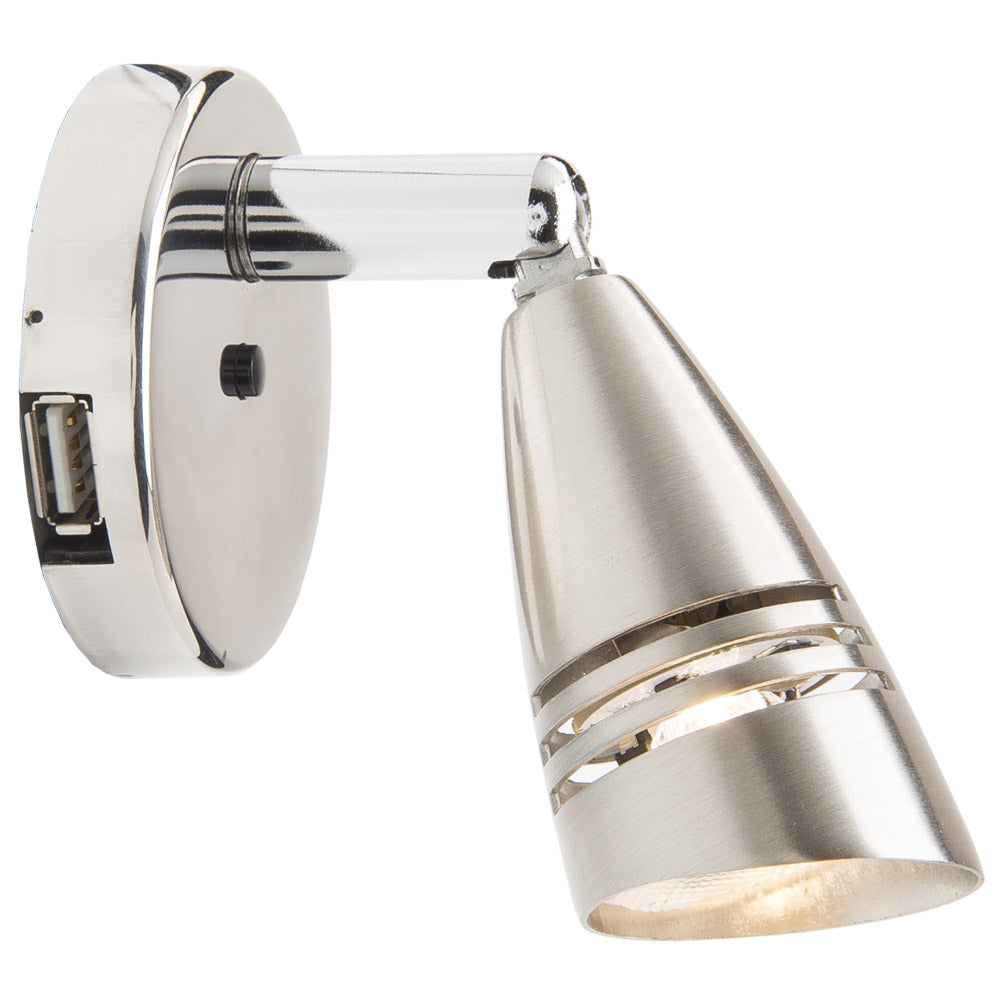 Lampe de lecture LED Mantagua Hoedic avec bras flexible, interrupteur, port USB et lumière blanc chaud.