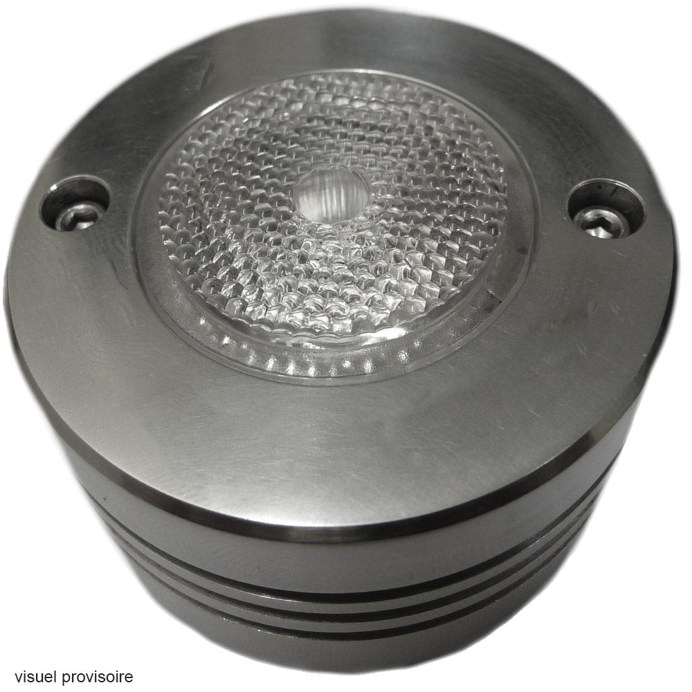 Projecteur LED Mantagua en saillie, inox A4. Schéma technique avec lumière blanc froid 6500K, angle 25°, étanche IP67.