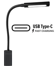 Liseuse flexible LED Mantagua Arz 10W noire mate, fixation verticale, avec interrupteur tactile et port USB C. Lumière blanc chaud.