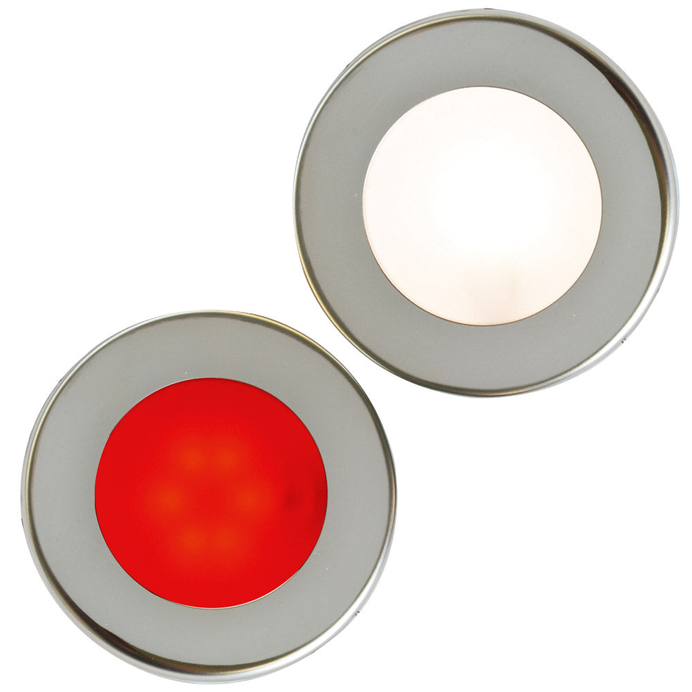Spot LED rond MANTAGUA Rouzic en inox poli miroir. 20W, étanche IP67, blanc/rouge, maître sans interrupteur.