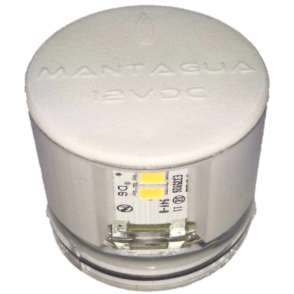 Dessin technique du feu de mouillage Mantagua Tiny tri 2MN blanc 360°, montrant ses dimensions compactes (H 72 mm, Ø 40 mm).